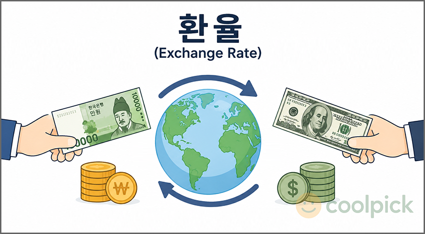 원화와 달러가 서로 교환되는 모습을 통해 환율의 개념을 표현한 일러스트
