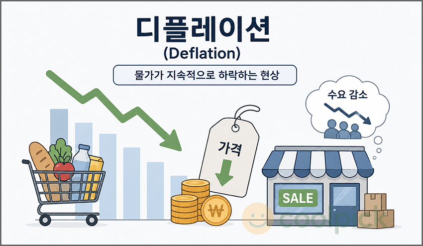 물가가 지속적으로 하락하고 소비와 투자가 줄어드는 디플레이션 현상을 표현한 일러스트