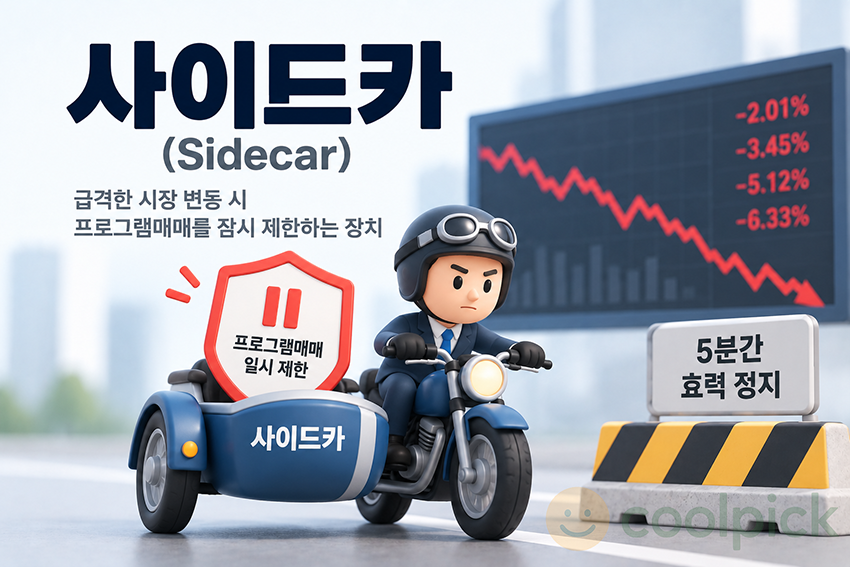 주식시장이 급변하자 프로그램매매에 사이드카가 작동해 거래 충격을 일시적으로 완화하는 모습을 표현한 경제용어 일러스트