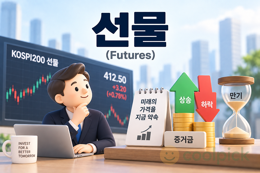 미래의 주가지수 가격을 미리 계약하는 선물거래와 증거금·만기 개념을 직관적으로 표현한 경제용어 일러스트