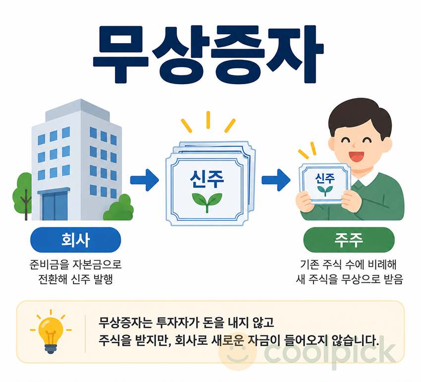 기업이 별도의 투자금을 받지 않고 기존 주주에게 새로운 주식을 배정하는 무상증자의 원리를 표현한 일러스트